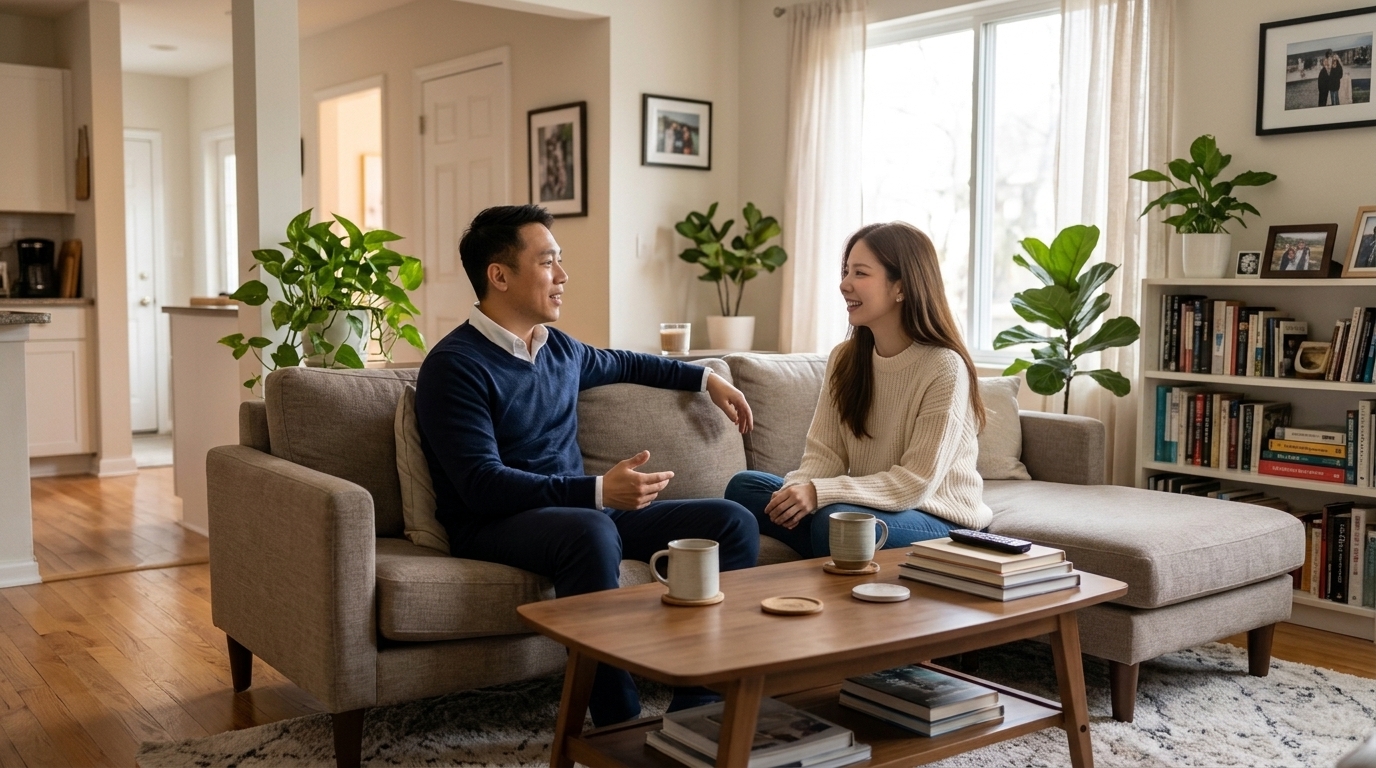 Hai người trưởng thành ngồi trò chuyện trên sofa trong phòng khách sáng ấm